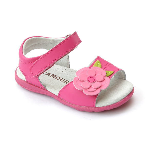 L'Amour Girls Fuchsia Leather Layered Flower Sandal - Babychelle.com