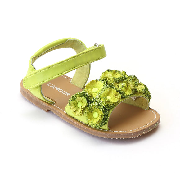 L'Amour Girls Bed of Lime Rosettes Open Toe Sandal - Babychelle.com