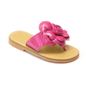 L'Amour Girls Fuchsia Patent Flower Applique Thong Sandals - Babychelle.com