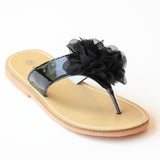 L'Amour Girls Black Organza Carnation Flower Thong Sandals