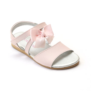L'Amour Girls Pink Grosgrain Bow Leather Sandals