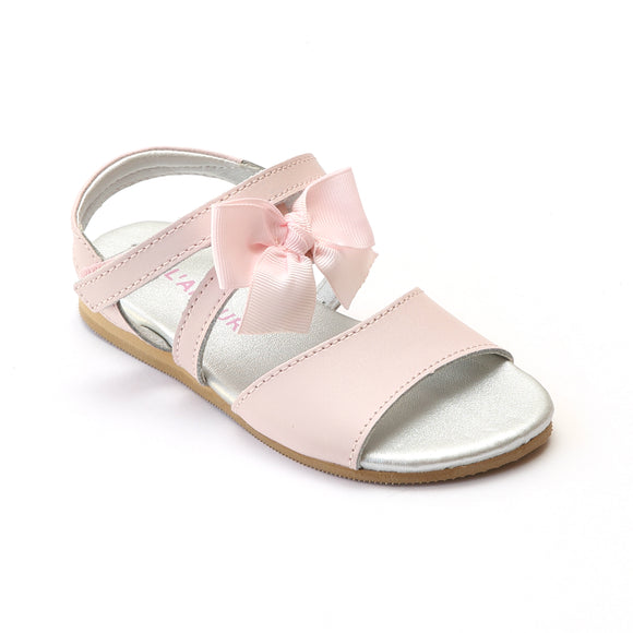 L'Amour Girls Pink Grosgrain Bow Leather Sandals