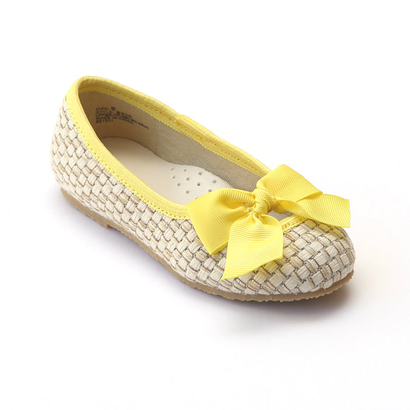 L'Amour Girls Faux Straw Yellow Bow Flats - Babychelle.com
