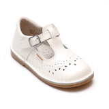 L'Amour Girls Pearlized White T-Strap Stitch Down Teardrop Mary Janes - Babychelle.com