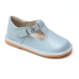 L'Amour Girls Selina Dusty Blue Leather Scalloped T-Strap Mary Janes - Babychelle.com