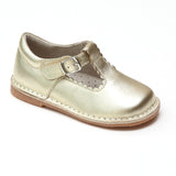 L'Amour Girls Selina Gold Leather Scalloped T-Strap Mary Janes - Babychelle.com