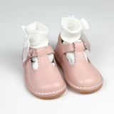 L'Amour Girls Selina Pink Leather Scalloped T-Strap Mary Janes - Babychelle.com