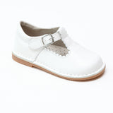 L'Amour Girls Selina White Leather Scalloped T-Strap Mary Janes - Babychelle.com