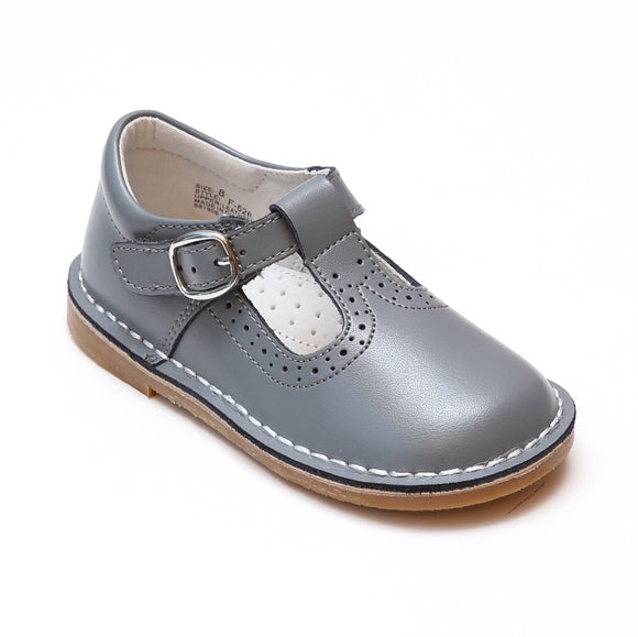 L'Amour Girls Frances Gray Perforated T-Strap School Leather Mary Janes - Babychelle.com