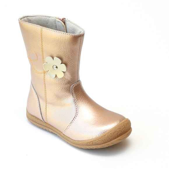 L'Amour Girls Rosegold Leather Flower Mid Boot - Babychelle.com