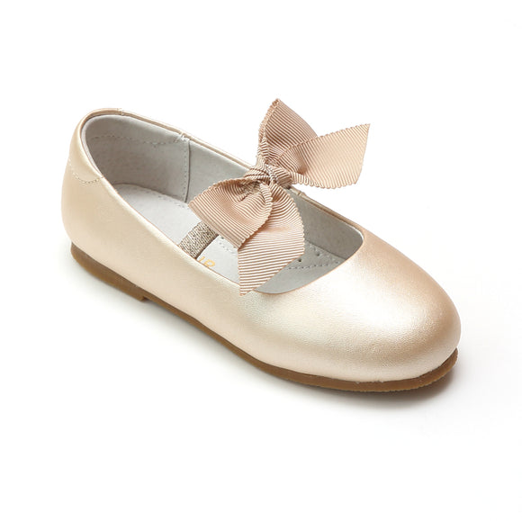 L'Amour Girls Pauline Bow Champagne Leather Special Occasion Flat - Babychelle.com