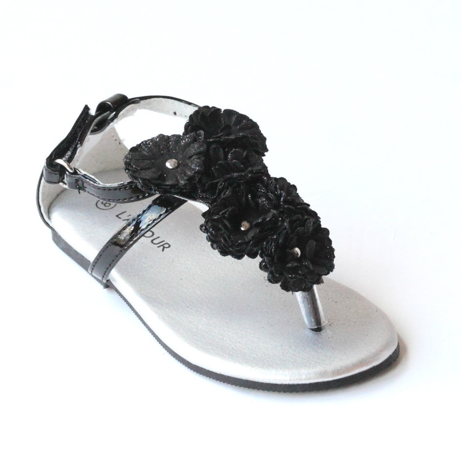 L'Amour Shoes Girls C-611 Black Flower Thong Sandals – Babychelle