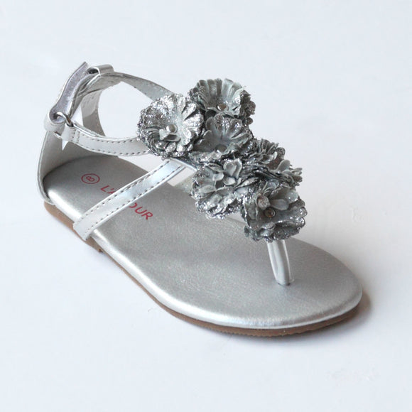 L'Amour Girls C-611 Silver Flower Thong Sandals