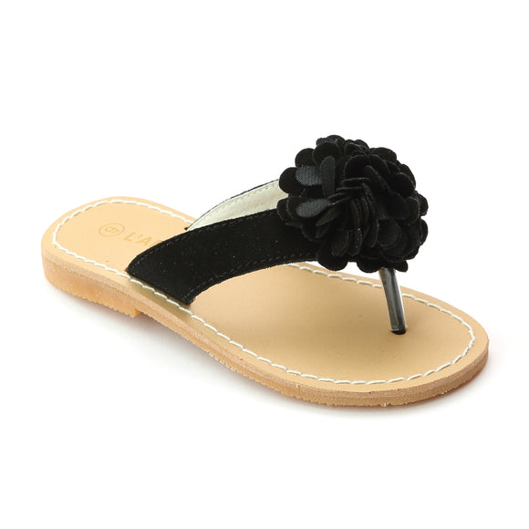 L'Amour Girls Black Pom Pom Nubuck Leather Thong Sandals - Babychelle.com