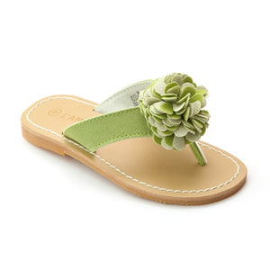 L'Amour Girls Lime Pom Pom Nubuck Leather Thong Sandals - Babychelle.com