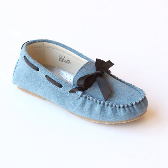 L'Amour Girls C-840 Blue Leather Loafers with Bow