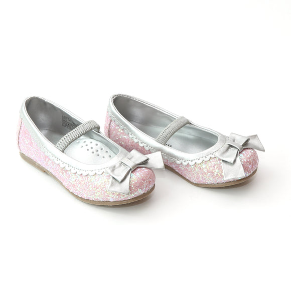 L'Amour Girls Glitter Pink Silver Bow Flats - Babychelle.com