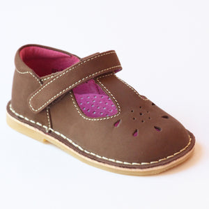 L'Amour Girls Classic D502 Brown Nubuck Leather Mary Janes
