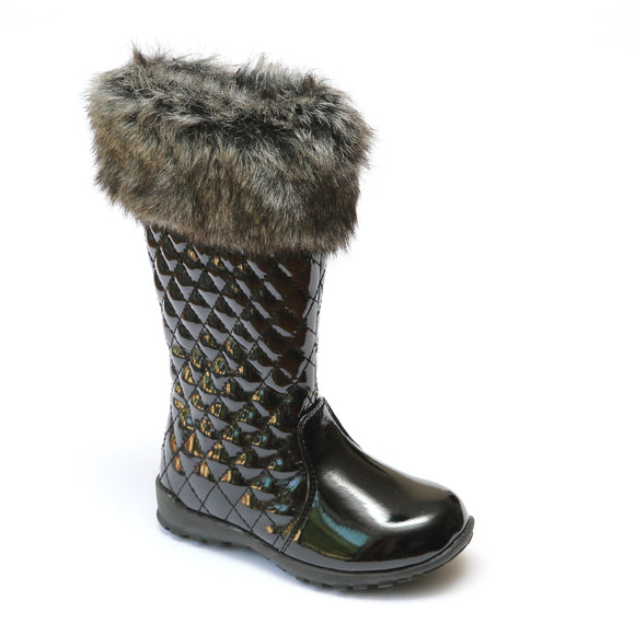 L'Amour Girls Patent Black Faux Fur Cuff Boots - Babychelle.com