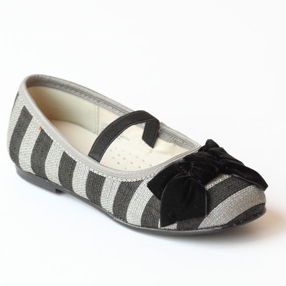 L'Amour Girls D822 Gray Striped Linen Canvas Bow Flats