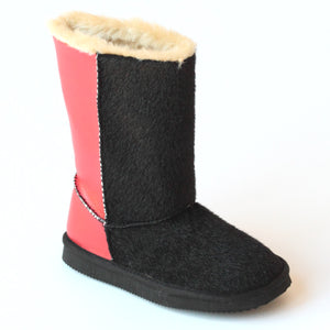L'Amour Girls D970 Black Red Two Tone Furry Boots
