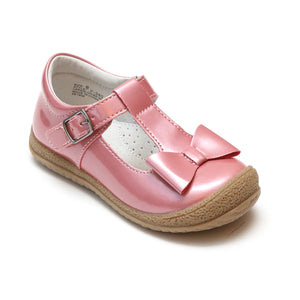 L'Amour Girls Glossy Melon T-Strap Bow Mary Janes - Babychelle.com