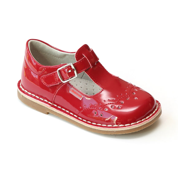 L'Amour Girls Patent Red T-Strap Stitch Down Teardrop Mary Janes - Babychelle.com