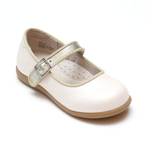 L'Amour Girls Olga Special Occasion Pearl White Leather Mary Jane with Piping - Babychelle.com