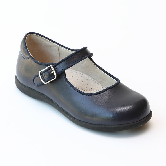 Girls Special Occasion Navy Leather Mary Jane Flats with Piping - Babychelle.com