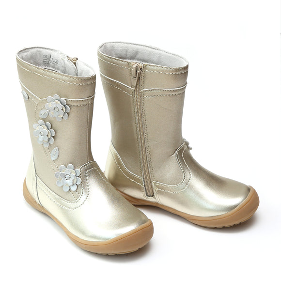 L'Amour Girls Gold Leather Flower Mid Boots - Babychelle.com