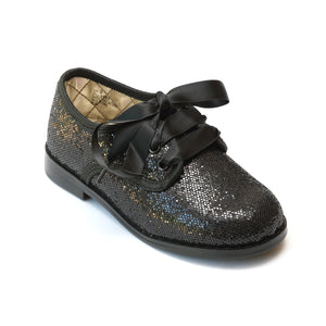 L'Amour Girls Black Sequin Lace Up Shoes - Babychelle.com