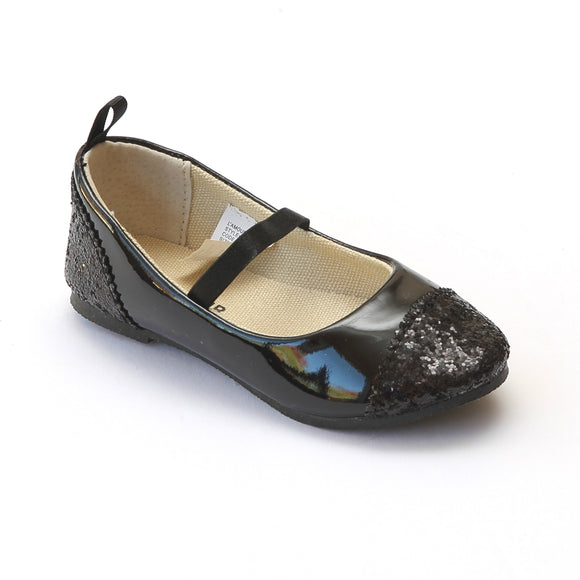 L'Amour Girls Black Glitter Cap Toe Flats - Babychelle.com