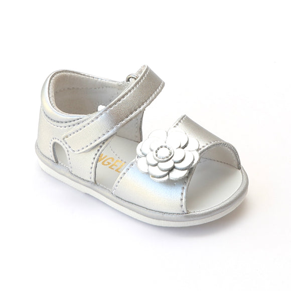 Angel Baby Girls Silver Flower Leather Open Toe Sandals - Babychelle.com
