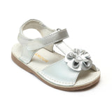 L'Amour Girls Patent Silver Curly Flower Sandals - Babychelle.com