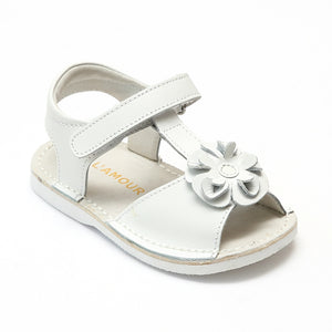 L'Amour Girls White Curly Flower Sandals - Babychelle.com