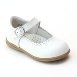 L'Amour Girls White Scalloped Trim Leather Mary Janes - Babychelle.com