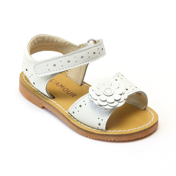 L'Amour Girls White Gerbera Leather Sandals - Babychelle.com
