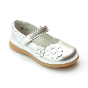 L'Amour Girls J348 Silver Sporty Flower Mary Janes - Babychelle.com