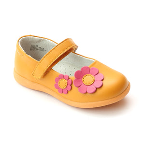 L'Amour Girls J348 Tangerine Sporty Flower Mary Janes - Babychelle.com