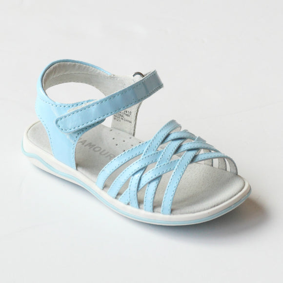 L'Amour Girls J410 Patent Blue Crisscross Sandals