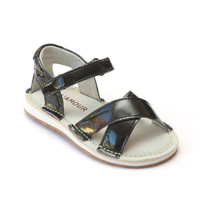 L'Amour Girls Patent Black Crisscross Sandals - Babychelle.com