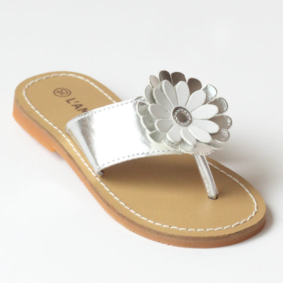 L'Amour Girls J740 Silver Flower Thong Sandals