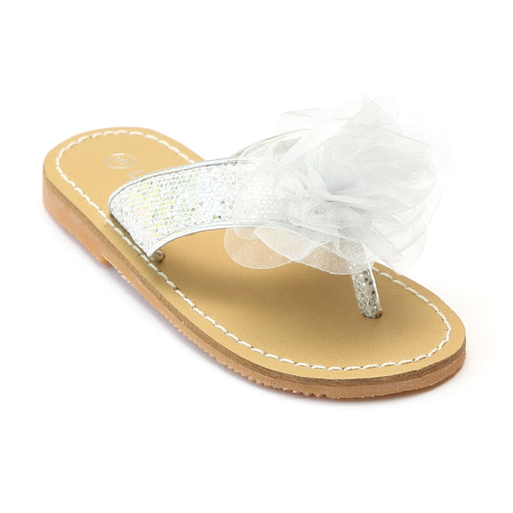 L'Amour Girls Silver Organza Flower Thong Sandals - Babychelle.com