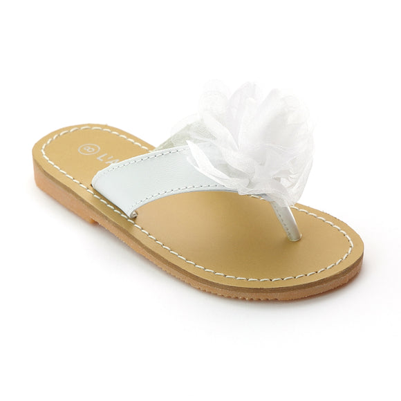 L'Amour Girls White Organza Flower Thong Sandals - Babychelle.com