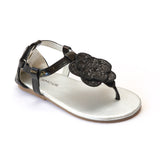 L'Amour Girls J912 Black Glitter Flower Thong Sandals - Babychelle.com