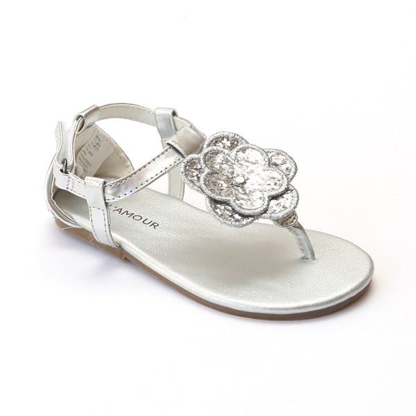 L'Amour Shoes Girls C-611 Black Flower Thong Sandals – Babychelle