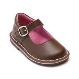 L'Amour Girls Brown Classic Matte Leather Mary Janes - Babychelle.com