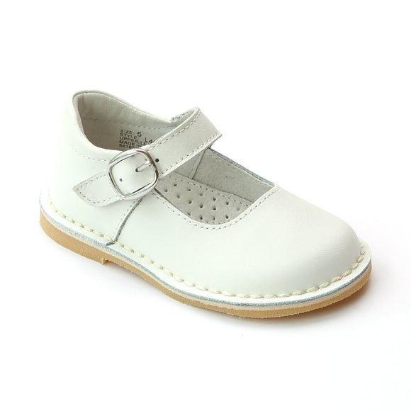 L'Amour Girls White Classic Matte Leather Mary Janes - Babychelle.com