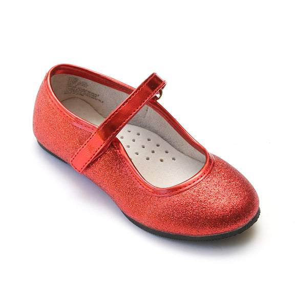 L'Amour Girls Red Ankle Strap Glitter Flats - Babychelle.com