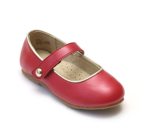L'Amour Girls Classic Button Strap Red Leather Flats - Babychelle.com